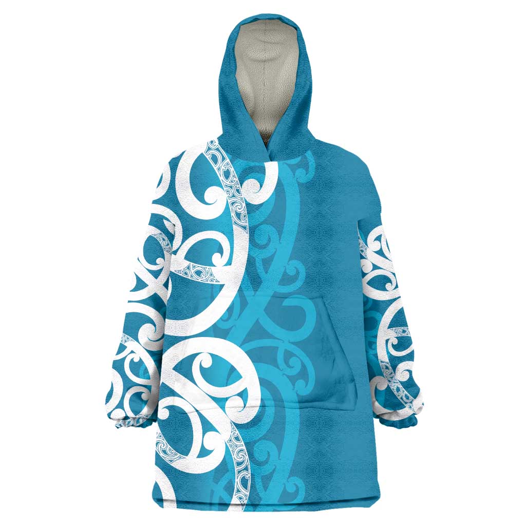 Azure Blue Maori Wearable Blanket Hoodie Koru Kowhaiwhai LT7 One Size Blue - Polynesian Pride