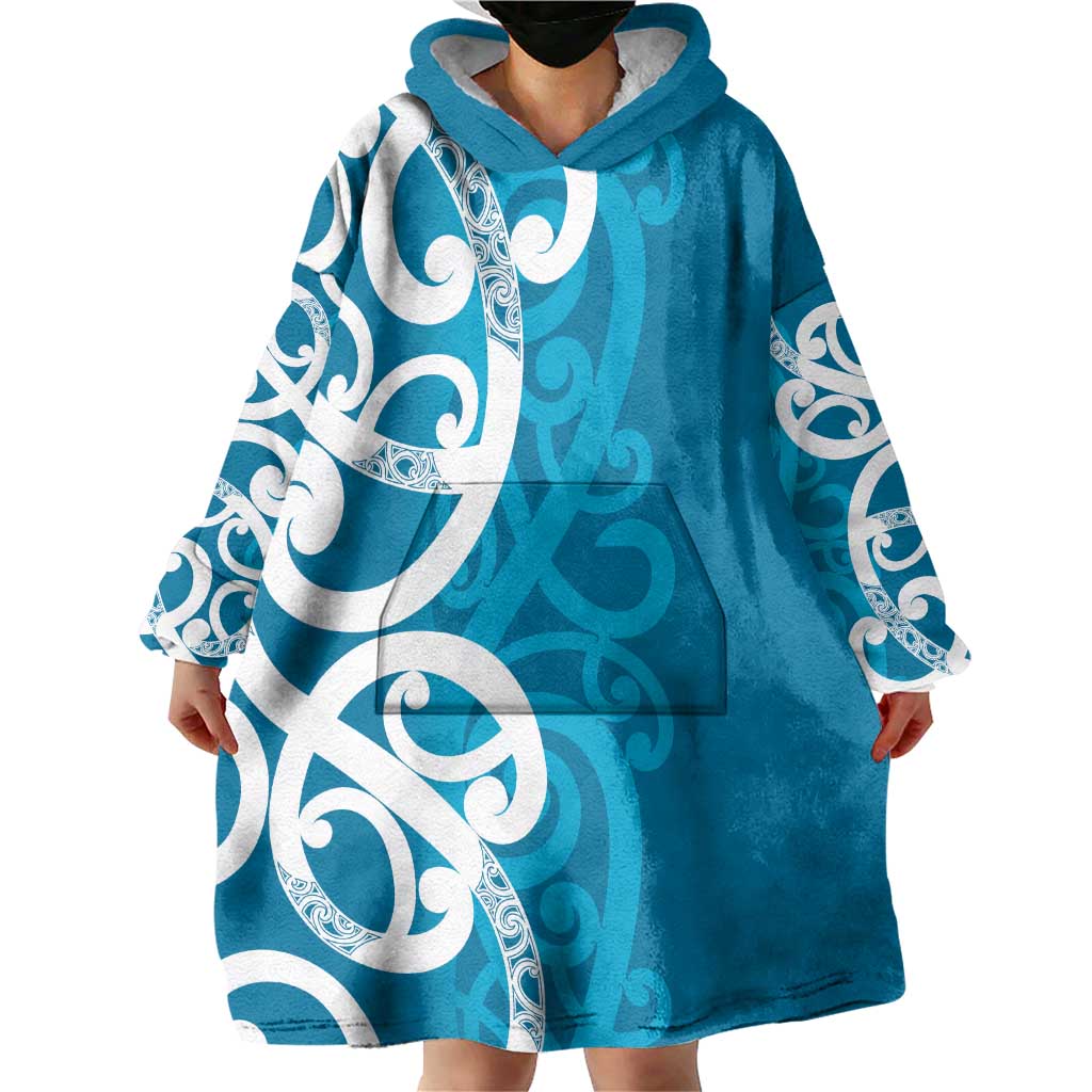 Azure Blue Maori Wearable Blanket Hoodie Koru Kowhaiwhai LT7 - Polynesian Pride