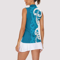 Azure Blue Maori Women Sleeveless Polo Shirt Koru Kowhaiwhai LT7 - Polynesian Pride