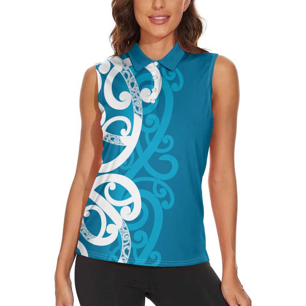 Azure Blue Maori Women Sleeveless Polo Shirt Koru Kowhaiwhai LT7 - Polynesian Pride