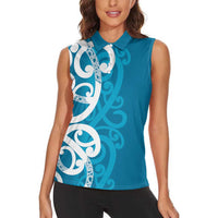 Azure Blue Maori Women Sleeveless Polo Shirt Koru Kowhaiwhai LT7 - Polynesian Pride