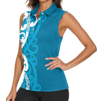 Azure Blue Maori Women Sleeveless Polo Shirt Koru Kowhaiwhai LT7 - Polynesian Pride