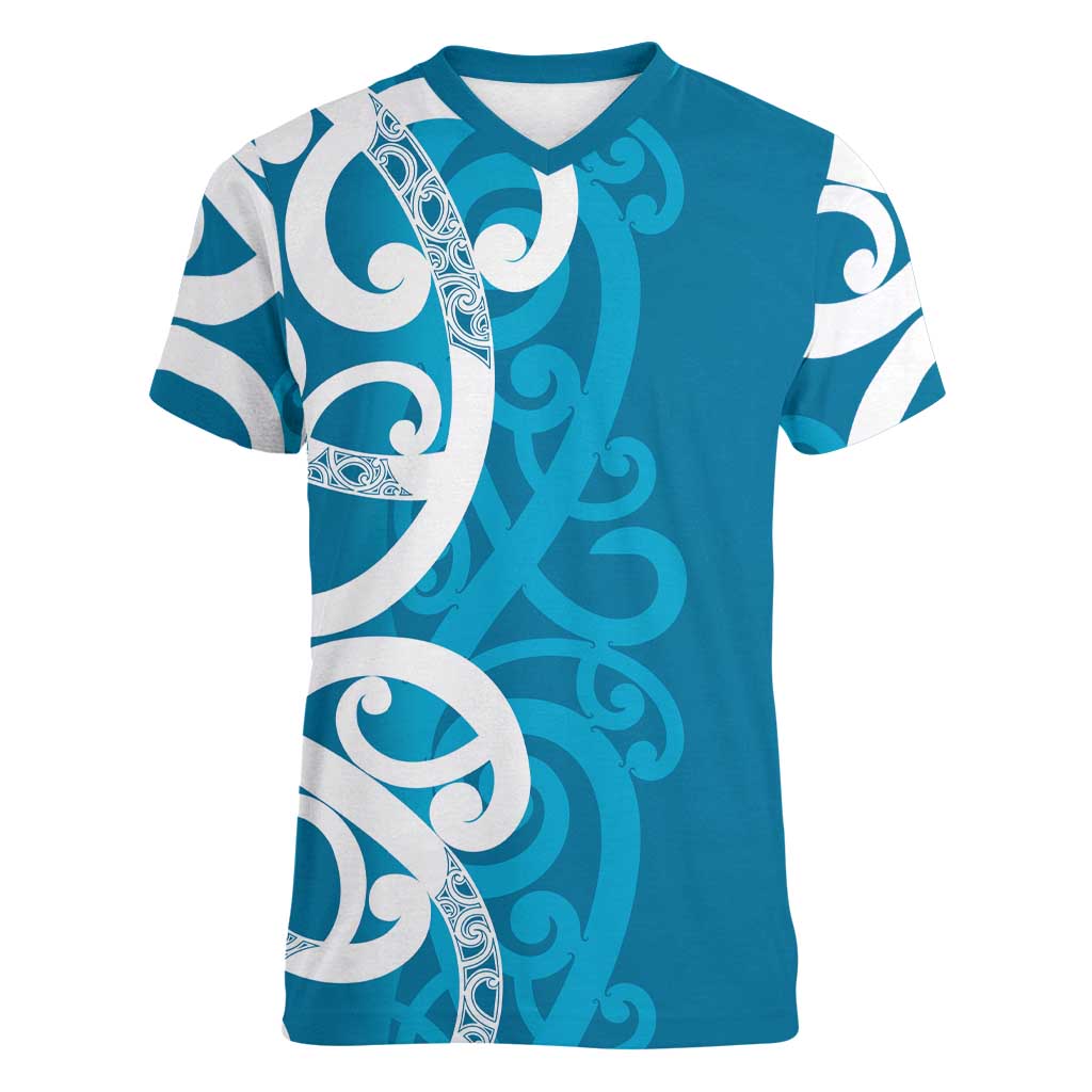 Azure Blue Maori Women V-Neck T-Shirt Koru Kowhaiwhai - Polynesian Pride
