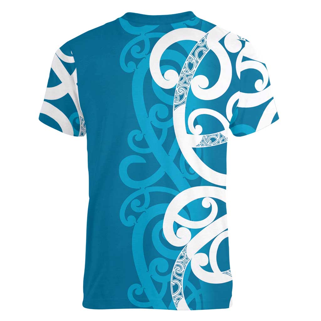 Azure Blue Maori Women V-Neck T-Shirt Koru Kowhaiwhai - Polynesian Pride