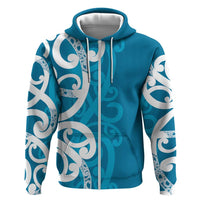Azure Blue Maori Zip Hoodie Koru Kowhaiwhai - Polynesian Pride