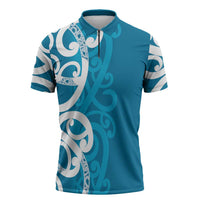 Azure Blue Maori Zipper Polo Shirt Koru Kowhaiwhai LT7 Blue - Polynesian Pride