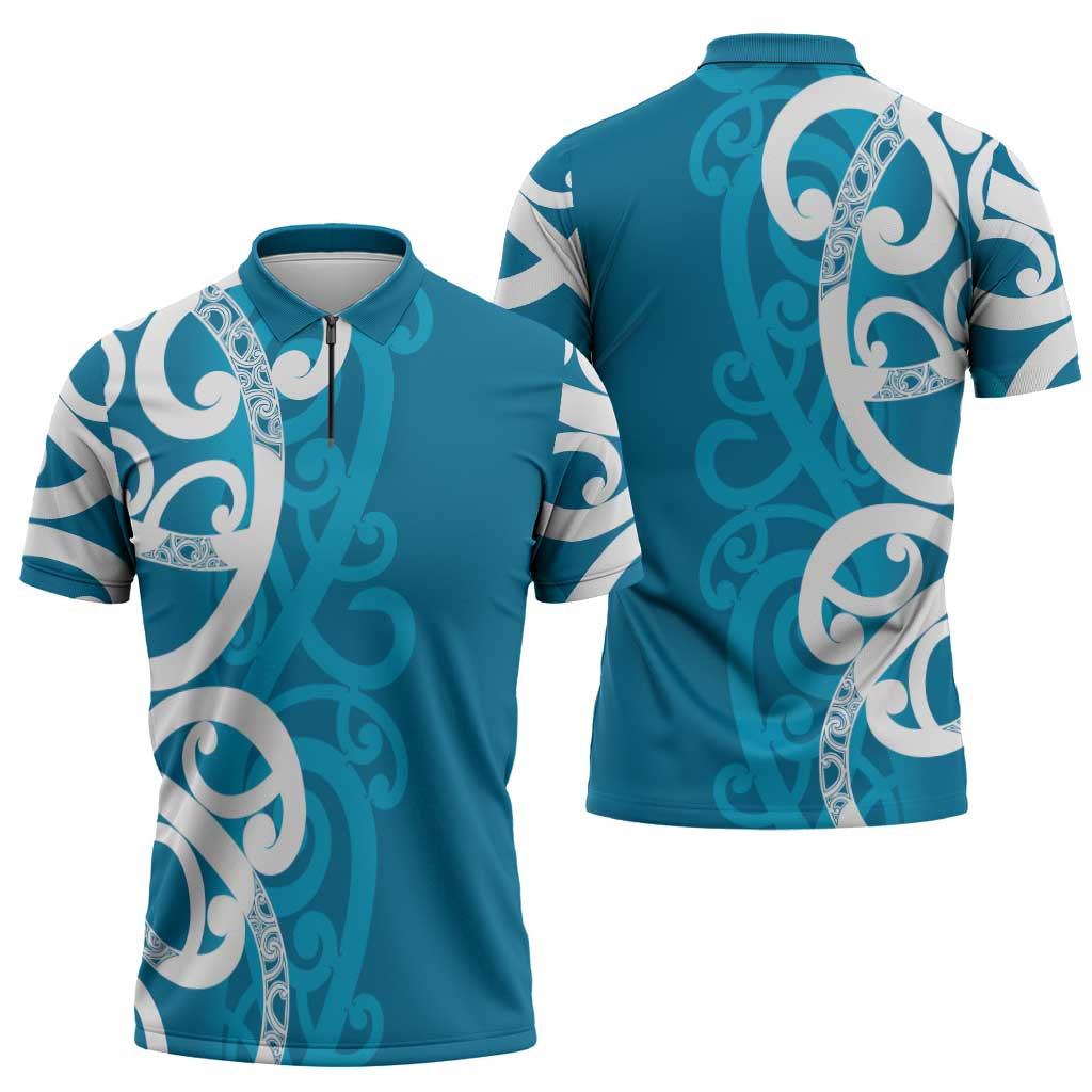 Azure Blue Maori Zipper Polo Shirt Koru Kowhaiwhai LT7 - Polynesian Pride
