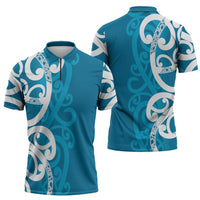 Azure Blue Maori Zipper Polo Shirt Koru Kowhaiwhai LT7 - Polynesian Pride