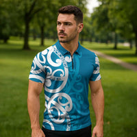 Azure Blue Maori Zipper Polo Shirt Koru Kowhaiwhai LT7 - Polynesian Pride