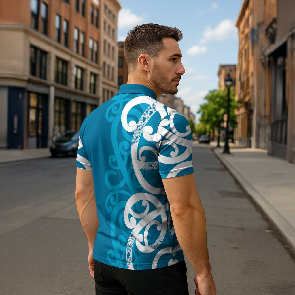 Azure Blue Maori Zipper Polo Shirt Koru Kowhaiwhai LT7 - Polynesian Pride