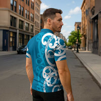 Azure Blue Maori Zipper Polo Shirt Koru Kowhaiwhai LT7 - Polynesian Pride