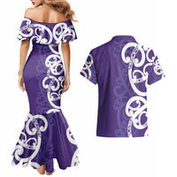 Violet Green Maori Couples Matching Mermaid Dress and Hawaiian Shirt Koru Kowhaiwhai - Polynesian Pride
