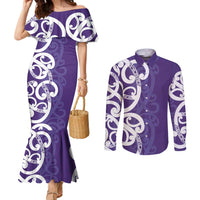 Violet Green Maori Couples Matching Mermaid Dress and Long Sleeve Button Shirt Koru Kowhaiwhai - Polynesian Pride
