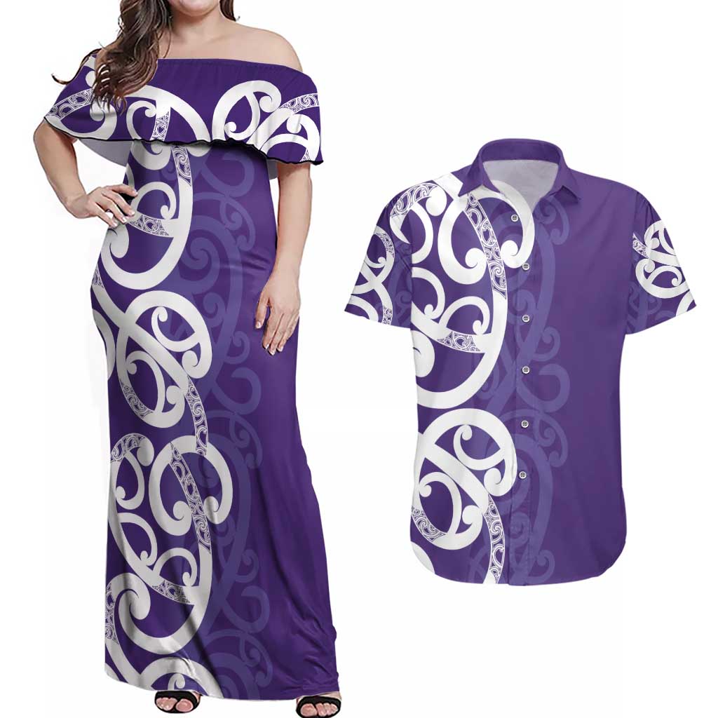 Violet Green Maori Couples Matching Off Shoulder Maxi Dress and Hawaiian Shirt Koru Kowhaiwhai - Polynesian Pride