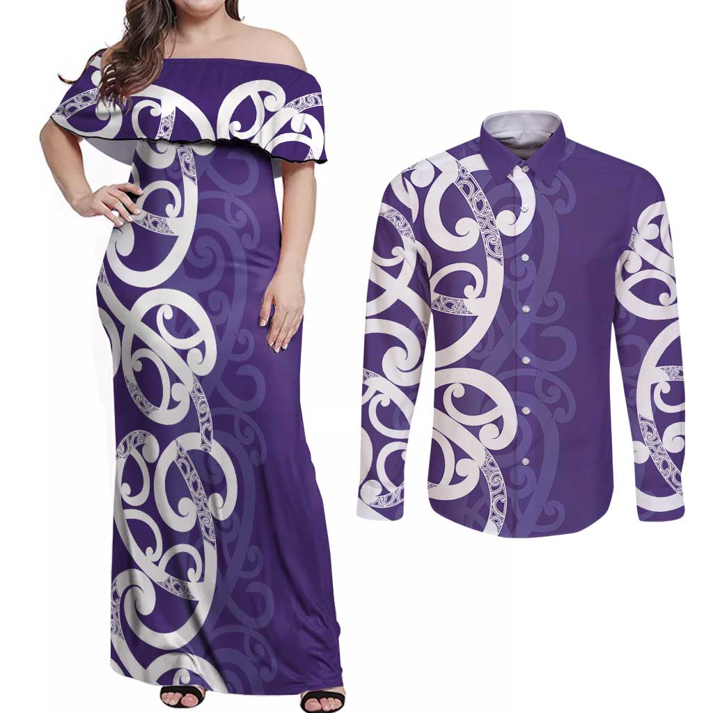Violet Green Maori Couples Matching Off Shoulder Maxi Dress and Long Sleeve Button Shirt Koru Kowhaiwhai - Polynesian Pride