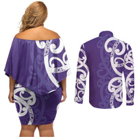 Violet Green Maori Couples Matching Off Shoulder Short Dress and Long Sleeve Button Shirt Koru Kowhaiwhai - Polynesian Pride