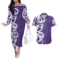 Violet Green Maori Couples Matching Off The Shoulder Long Sleeve Dress and Hawaiian Shirt Koru Kowhaiwhai - Polynesian Pride
