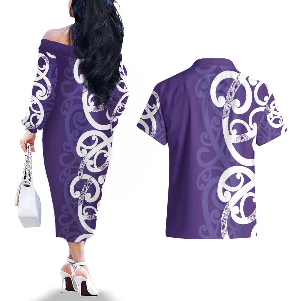 Violet Green Maori Couples Matching Off The Shoulder Long Sleeve Dress and Hawaiian Shirt Koru Kowhaiwhai - Polynesian Pride