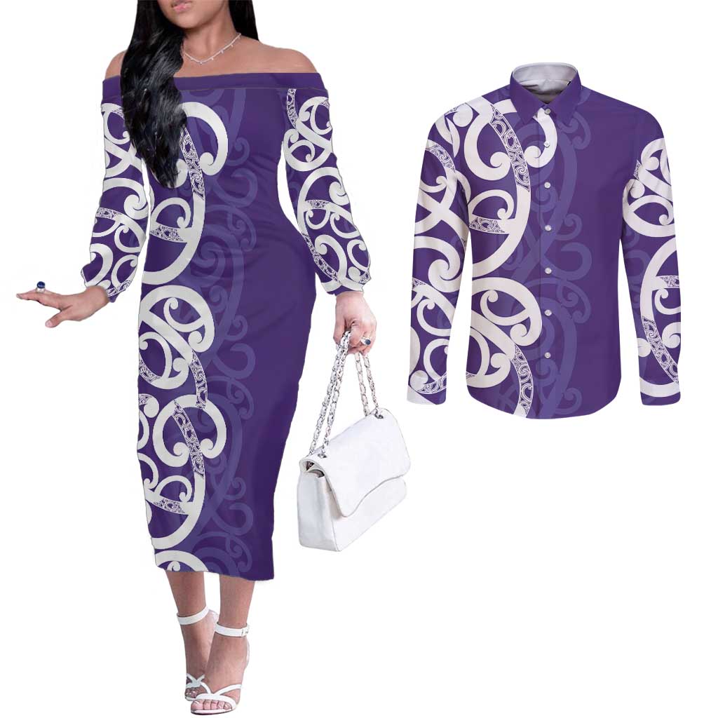 Violet Green Maori Couples Matching Off The Shoulder Long Sleeve Dress and Long Sleeve Button Shirt Koru Kowhaiwhai - Polynesian Pride