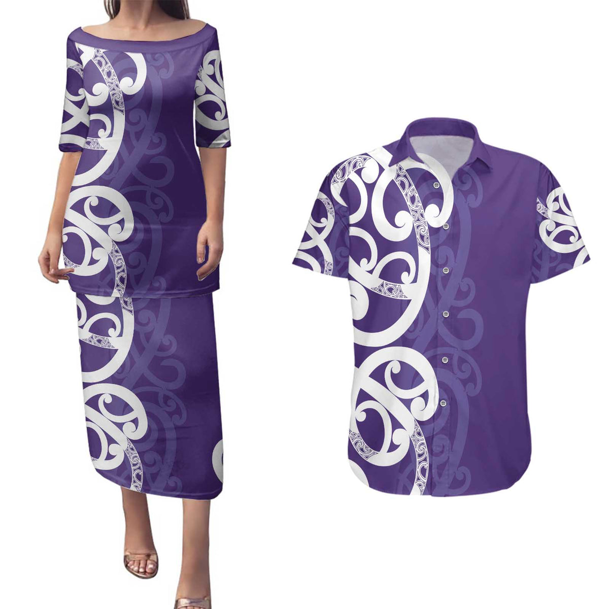Violet Green Maori Couples Matching Puletasi and Hawaiian Shirt Koru Kowhaiwhai - Polynesian Pride