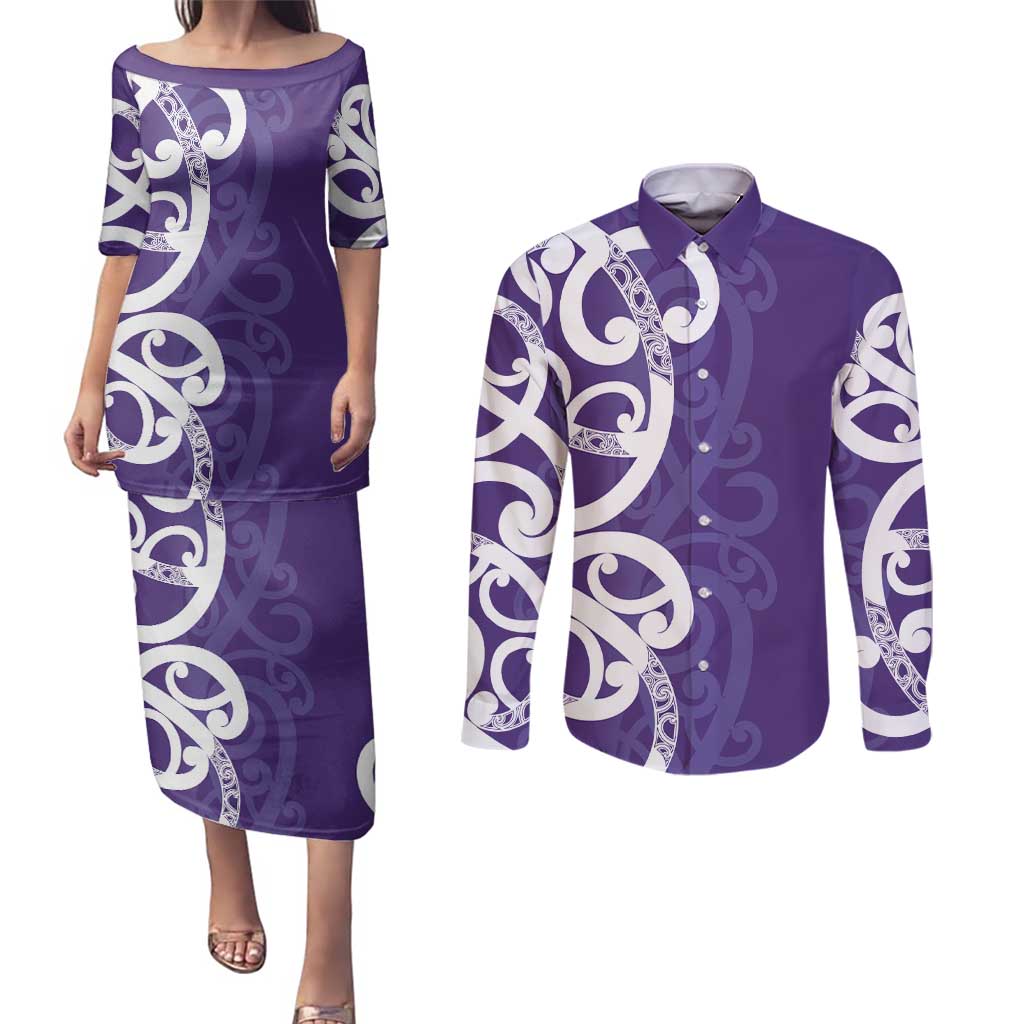 Violet Green Maori Couples Matching Puletasi and Long Sleeve Button Shirt Koru Kowhaiwhai - Polynesian Pride