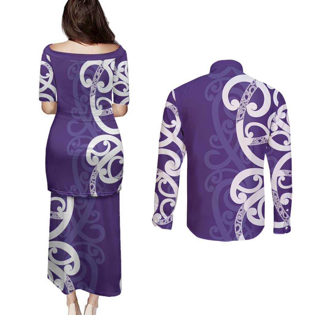 Violet Green Maori Couples Matching Puletasi and Long Sleeve Button Shirt Koru Kowhaiwhai - Polynesian Pride