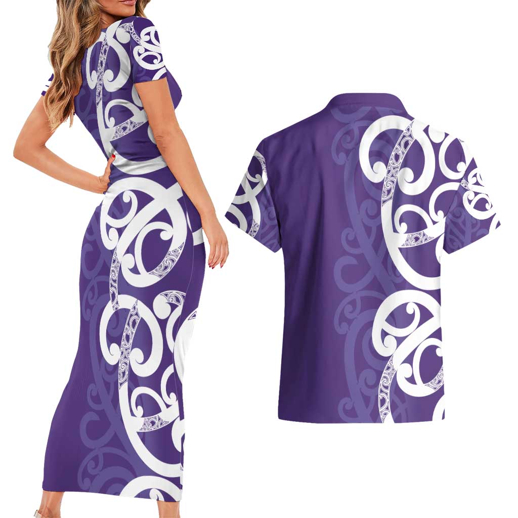 Violet Green Maori Couples Matching Short Sleeve Bodycon Dress and Hawaiian Shirt Koru Kowhaiwhai - Polynesian Pride