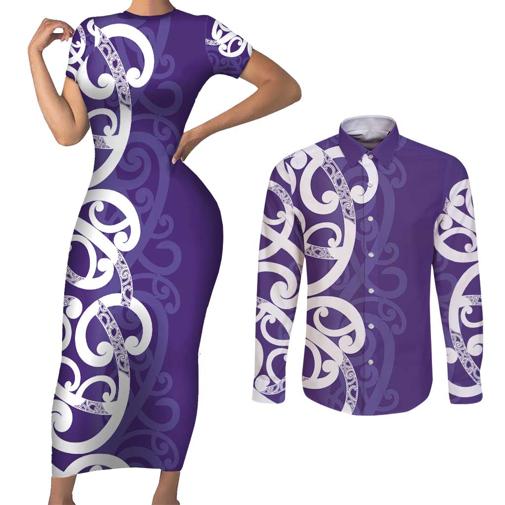 Violet Green Maori Couples Matching Short Sleeve Bodycon Dress and Long Sleeve Button Shirt Koru Kowhaiwhai - Polynesian Pride
