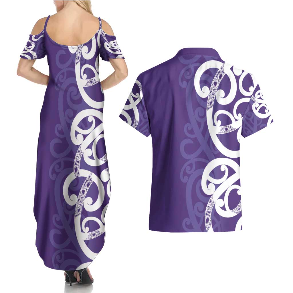 Violet Green Maori Couples Matching Summer Maxi Dress and Hawaiian Shirt Koru Kowhaiwhai - Polynesian Pride