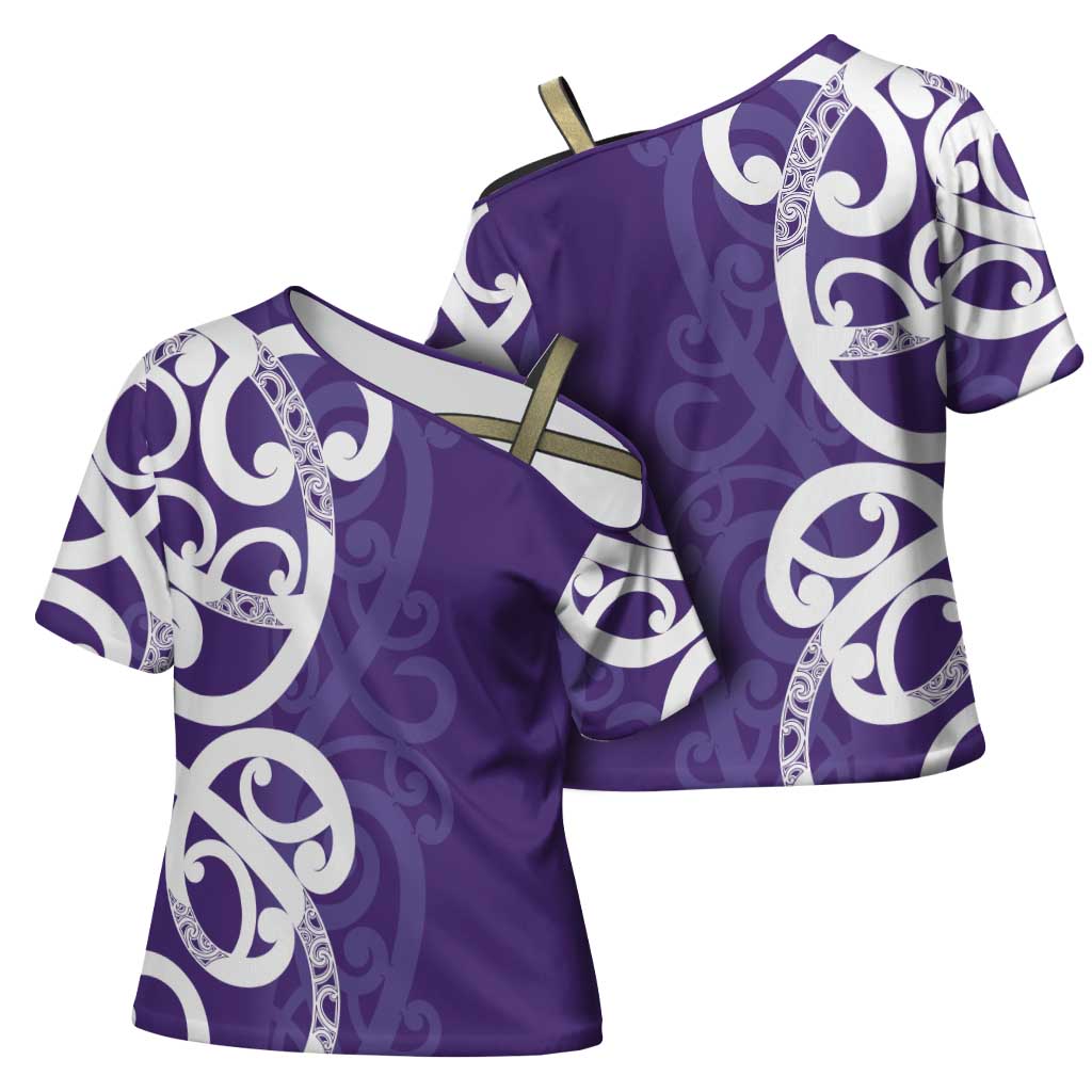 Violet Green Maori Cross Shoulder Shirt Koru Kowhaiwhai - Polynesian Pride