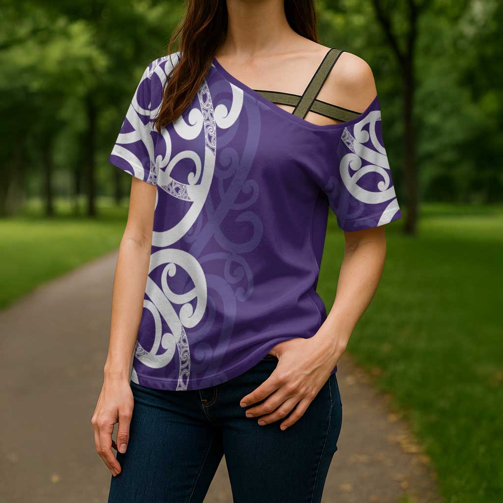 Violet Green Maori Cross Shoulder Shirt Koru Kowhaiwhai - Polynesian Pride