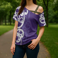 Violet Green Maori Cross Shoulder Shirt Koru Kowhaiwhai - Polynesian Pride