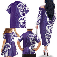 Violet Green Maori Family Matching Off The Shoulder Long Sleeve Dress and Hawaiian Shirt Koru Kowhaiwhai - Polynesian Pride