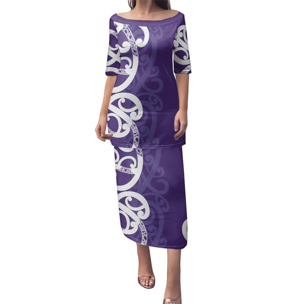 Violet Green Maori Family Matching Puletasi and Hawaiian Shirt Koru Kowhaiwhai - Polynesian Pride