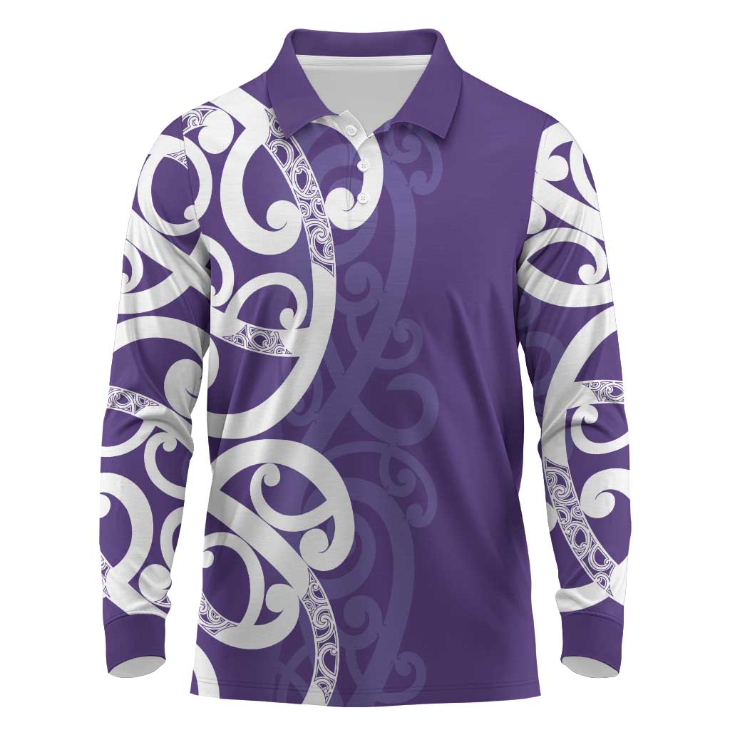 Violet Green Maori Long Sleeve Polo Shirt Koru Kowhaiwhai LT7 Violet - Polynesian Pride