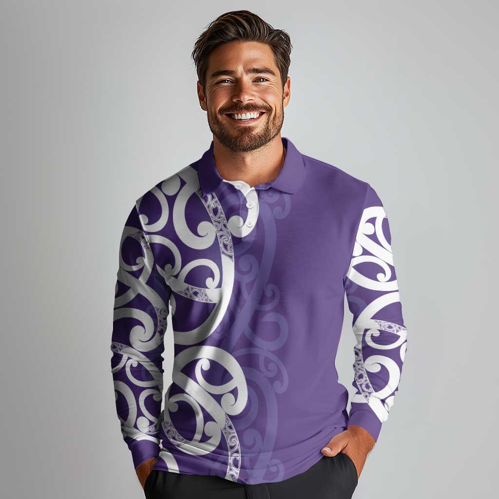 Violet Green Maori Long Sleeve Polo Shirt Koru Kowhaiwhai LT7 - Polynesian Pride
