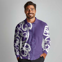 Violet Green Maori Long Sleeve Polo Shirt Koru Kowhaiwhai LT7 - Polynesian Pride