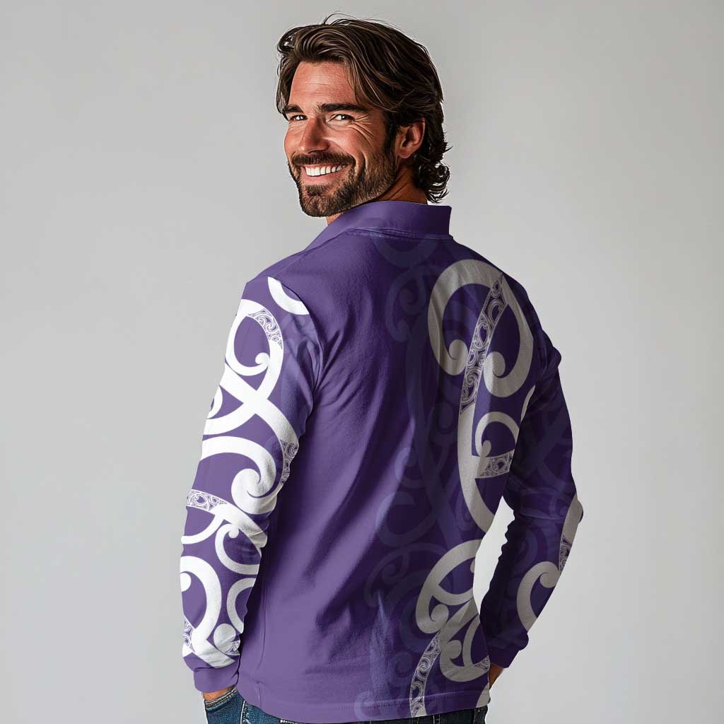 Violet Green Maori Long Sleeve Polo Shirt Koru Kowhaiwhai LT7 - Polynesian Pride