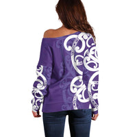 Violet Green Maori Off Shoulder Sweater Koru Kowhaiwhai - Polynesian Pride