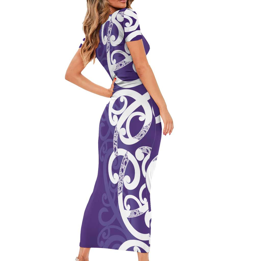 Violet Green Maori Short Sleeve Bodycon Dress Koru Kowhaiwhai - Polynesian Pride