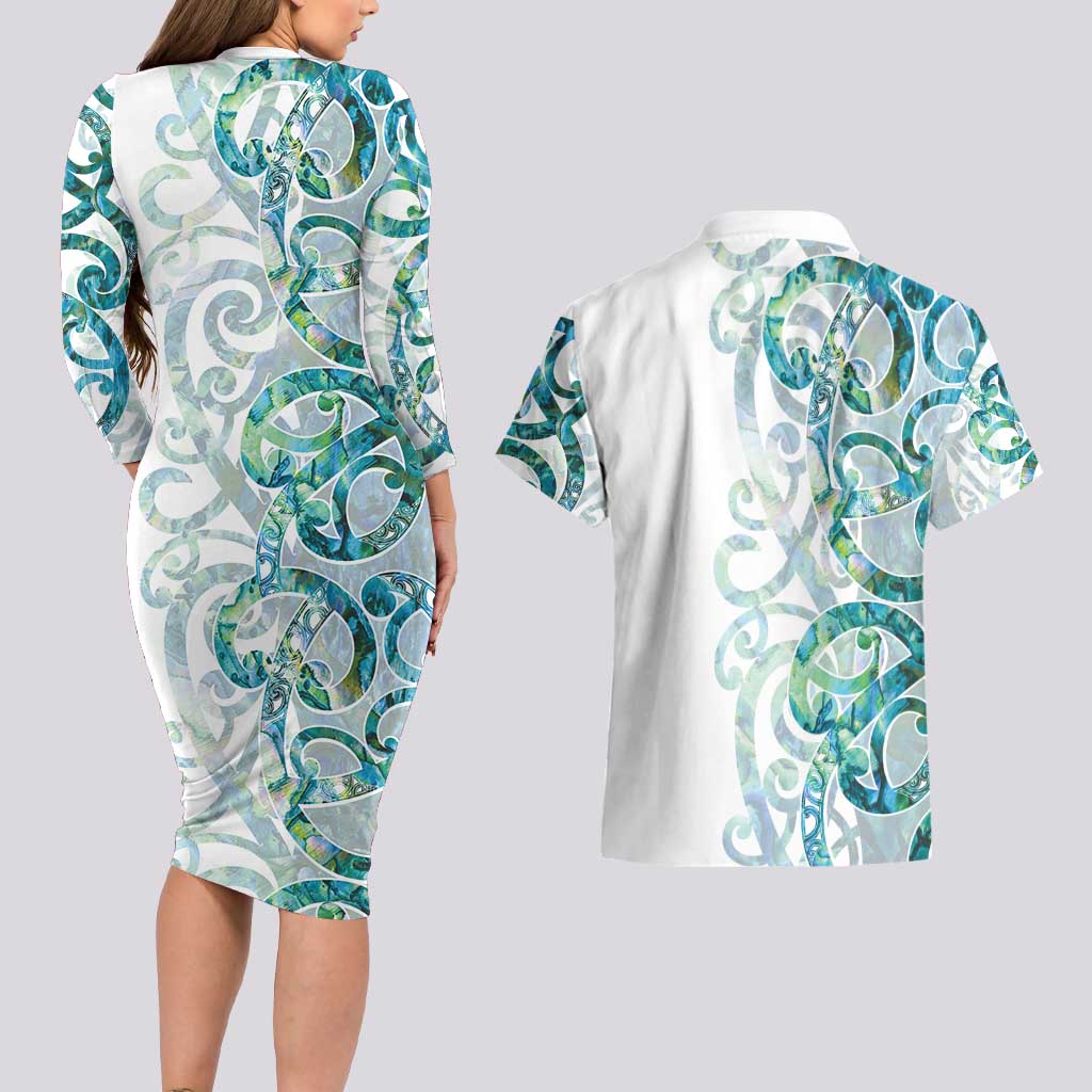 Paua Shell Maori Couples Matching Long Sleeve Bodycon Dress and Hawaiian Shirt Koru Kowhaiwhai - Polynesian Pride