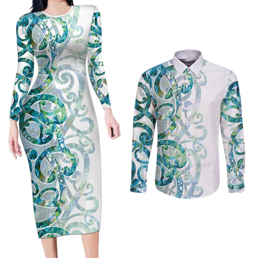 Paua Shell Maori Couples Matching Long Sleeve Bodycon Dress and Long Sleeve Button Shirt Koru Kowhaiwhai - Polynesian Pride