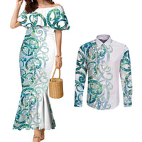 Paua Shell Maori Couples Matching Mermaid Dress and Long Sleeve Button Shirt Koru Kowhaiwhai - Polynesian Pride