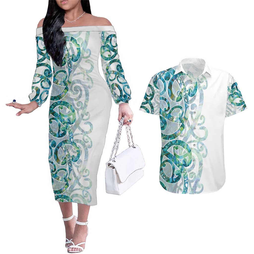 Paua Shell Maori Couples Matching Off The Shoulder Long Sleeve Dress and Hawaiian Shirt Koru Kowhaiwhai - Polynesian Pride