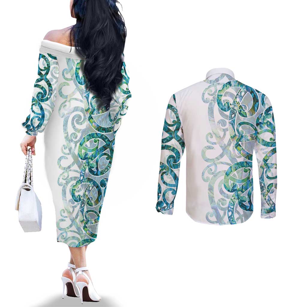 Paua Shell Maori Couples Matching Off The Shoulder Long Sleeve Dress and Long Sleeve Button Shirt Koru Kowhaiwhai - Polynesian Pride