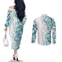 Paua Shell Maori Couples Matching Off The Shoulder Long Sleeve Dress and Long Sleeve Button Shirt Koru Kowhaiwhai - Polynesian Pride