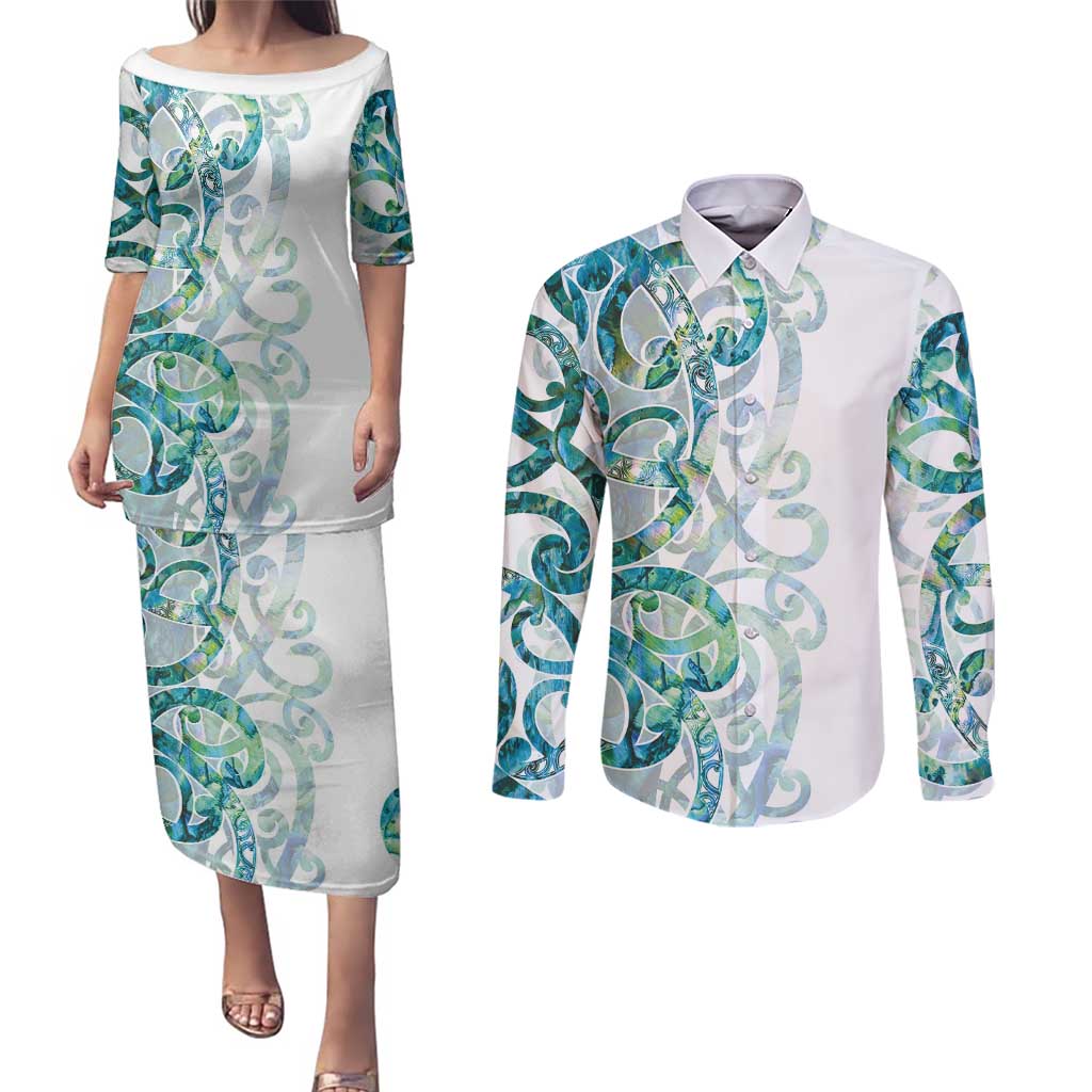 Paua Shell Maori Couples Matching Puletasi and Long Sleeve Button Shirt Koru Kowhaiwhai - Polynesian Pride
