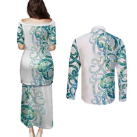 Paua Shell Maori Couples Matching Puletasi and Long Sleeve Button Shirt Koru Kowhaiwhai - Polynesian Pride