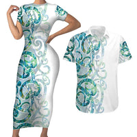 Paua Shell Maori Couples Matching Short Sleeve Bodycon Dress and Hawaiian Shirt Koru Kowhaiwhai - Polynesian Pride