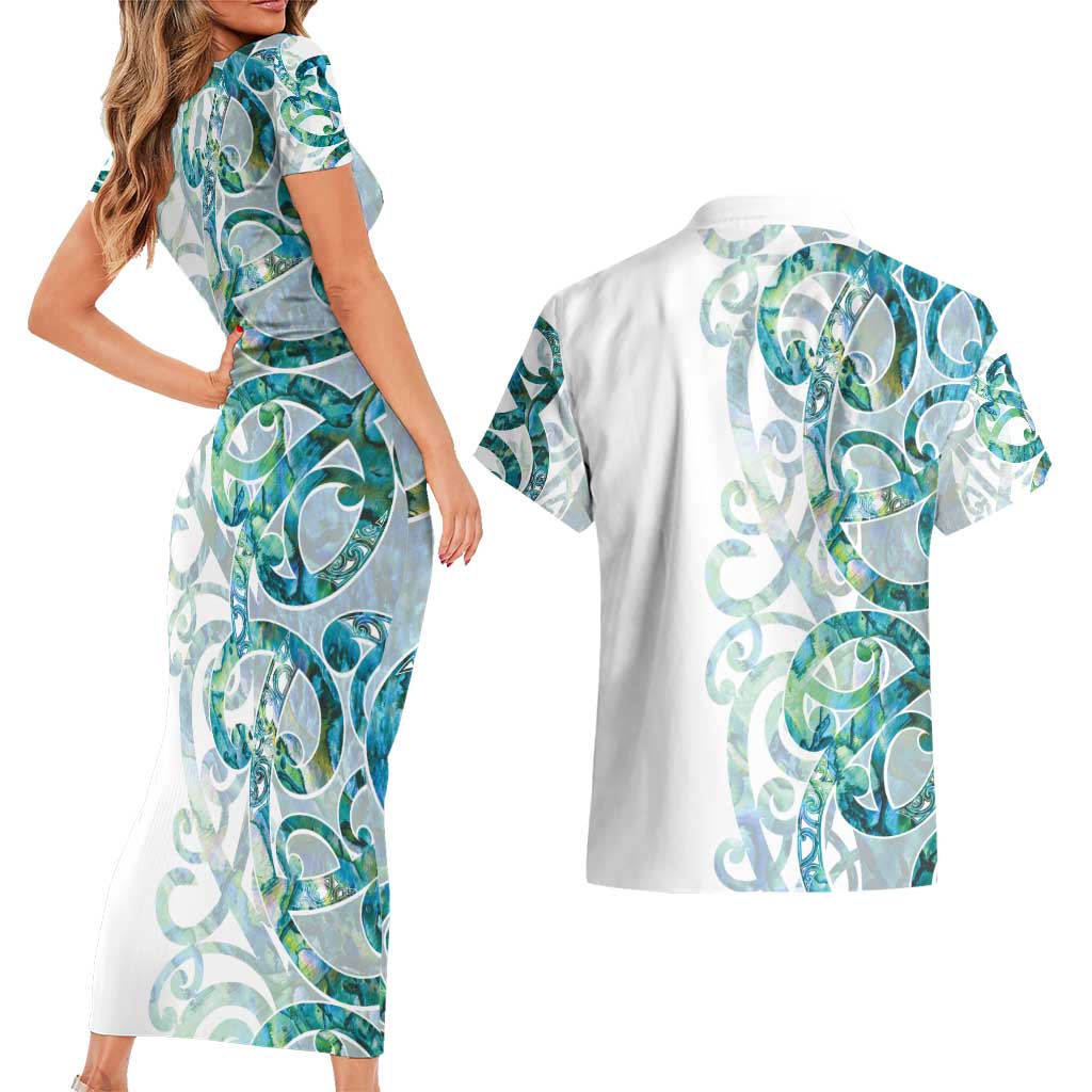 Paua Shell Maori Couples Matching Short Sleeve Bodycon Dress and Hawaiian Shirt Koru Kowhaiwhai - Polynesian Pride